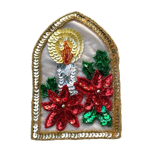Vintage Christmas Embellishment Sequin Patch Candle Poinsetta