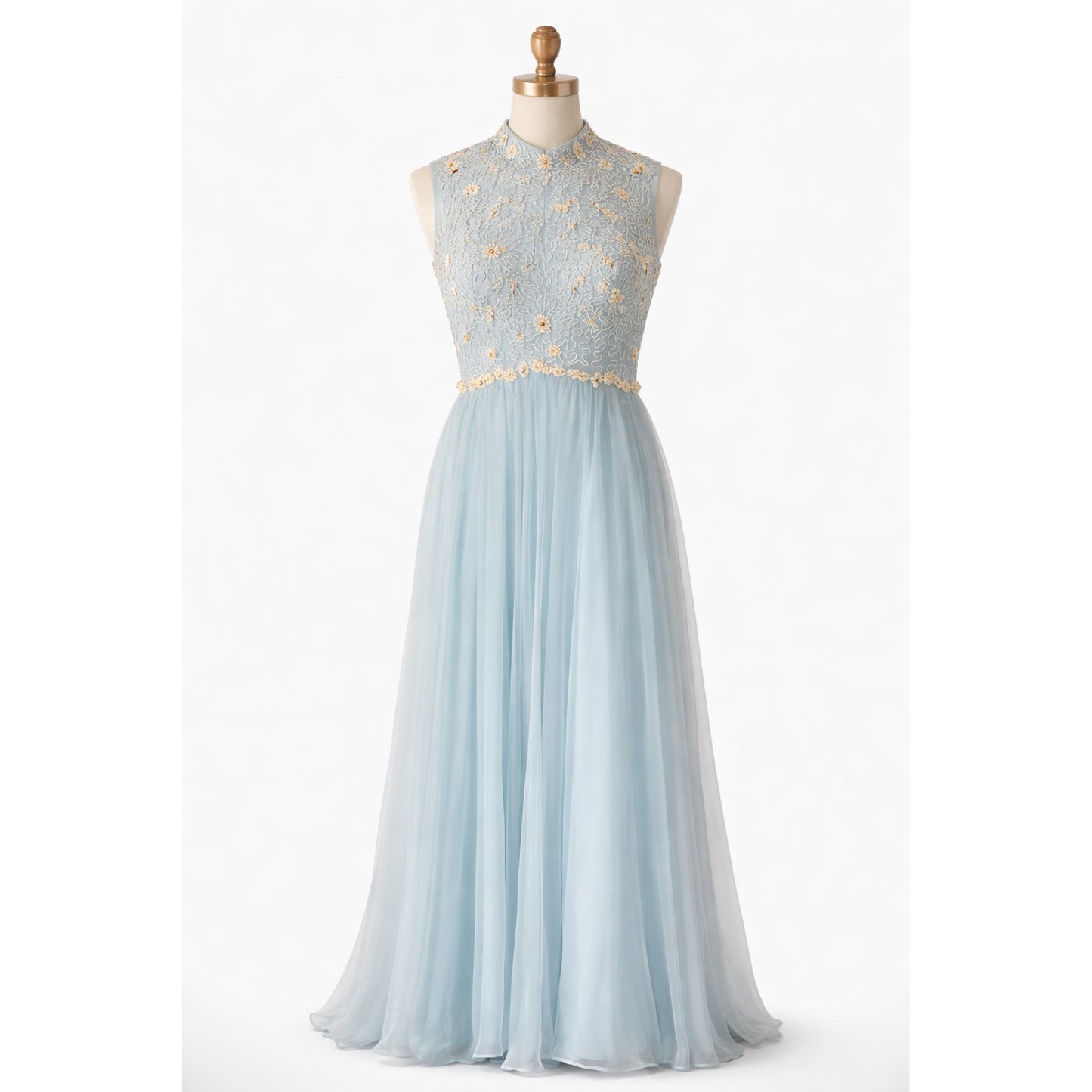 Vintage Light Blue Embroidered Tulle Dress 1950s Formal Beaded Handmade