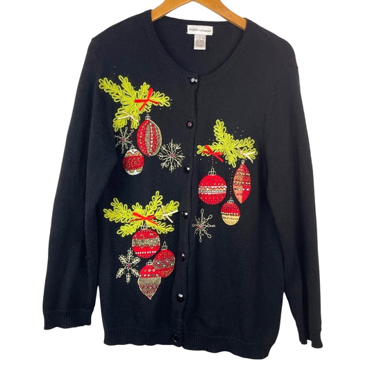 Holiday Black Sweater Festive Ornaments Christmas Sweater Cardigan Vintage Large