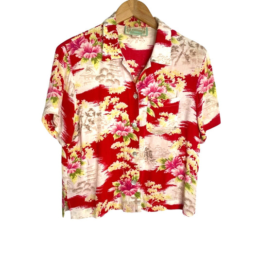 Floral Red Short-Sleeve Hawaiian Button-Up Women's Top Rayon Vintage
