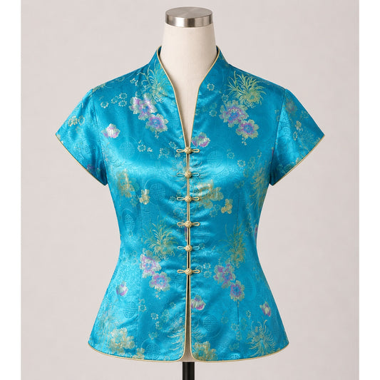 Vintage Silk Top Asian Style Button Down Blouse Blue