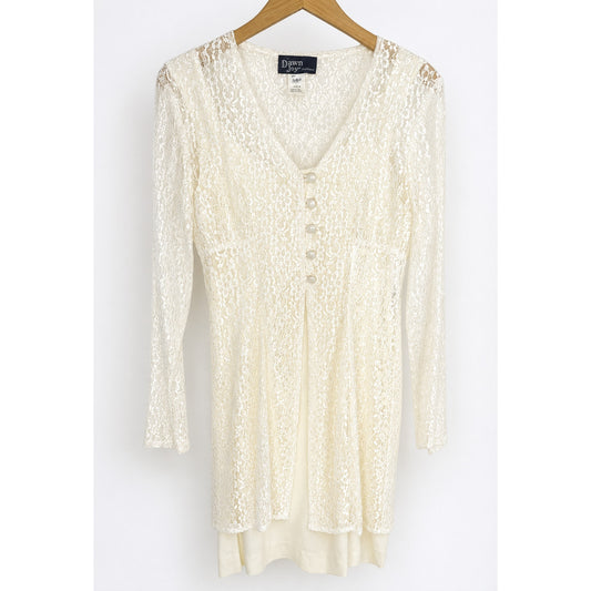 Vintage Cream Lace V-Neck Long Sleeve Dress 90s Friends Stevie Nicks Whimsygoth
