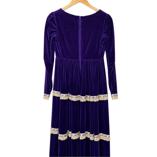 Vintage Purple Velvet Maxi Dress with Lace Trim 1960s/1970s Boho Cottagecore