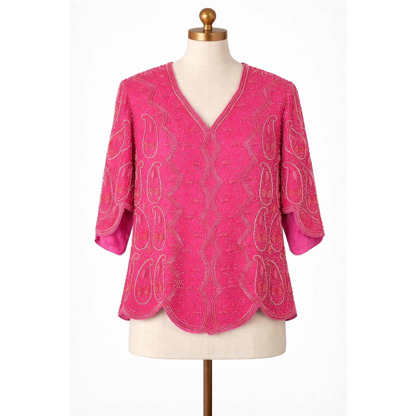 Vintage 100% Silk Hot Pink Beaded Top Blouse 1980s