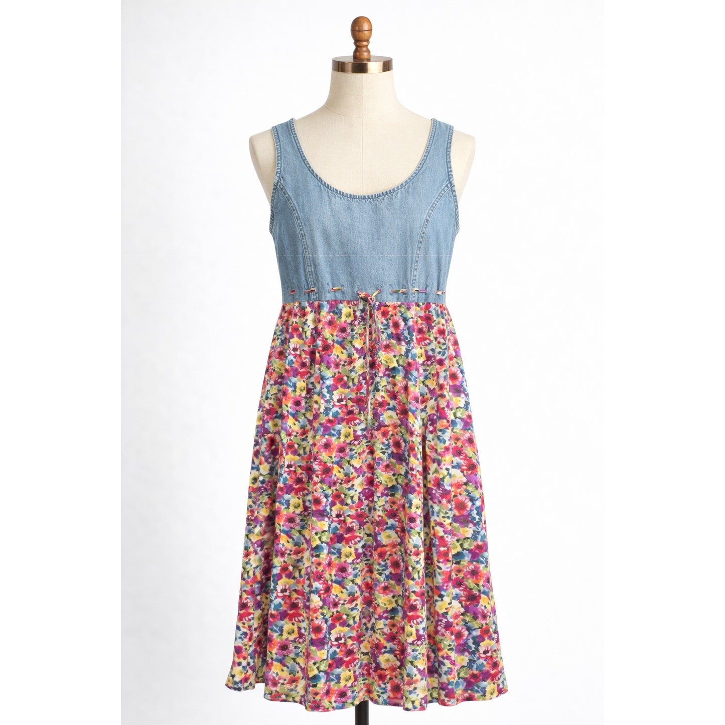 Vintage Floral Flowing and Denim Dress Tie Waist 1990s