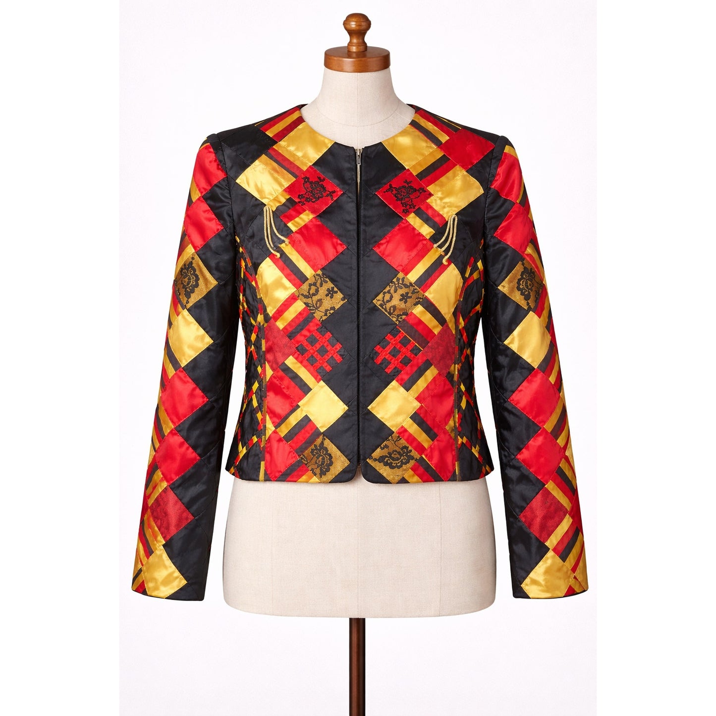 Vintage Patchwork Lace Quilted Jacket Red Yellow Black