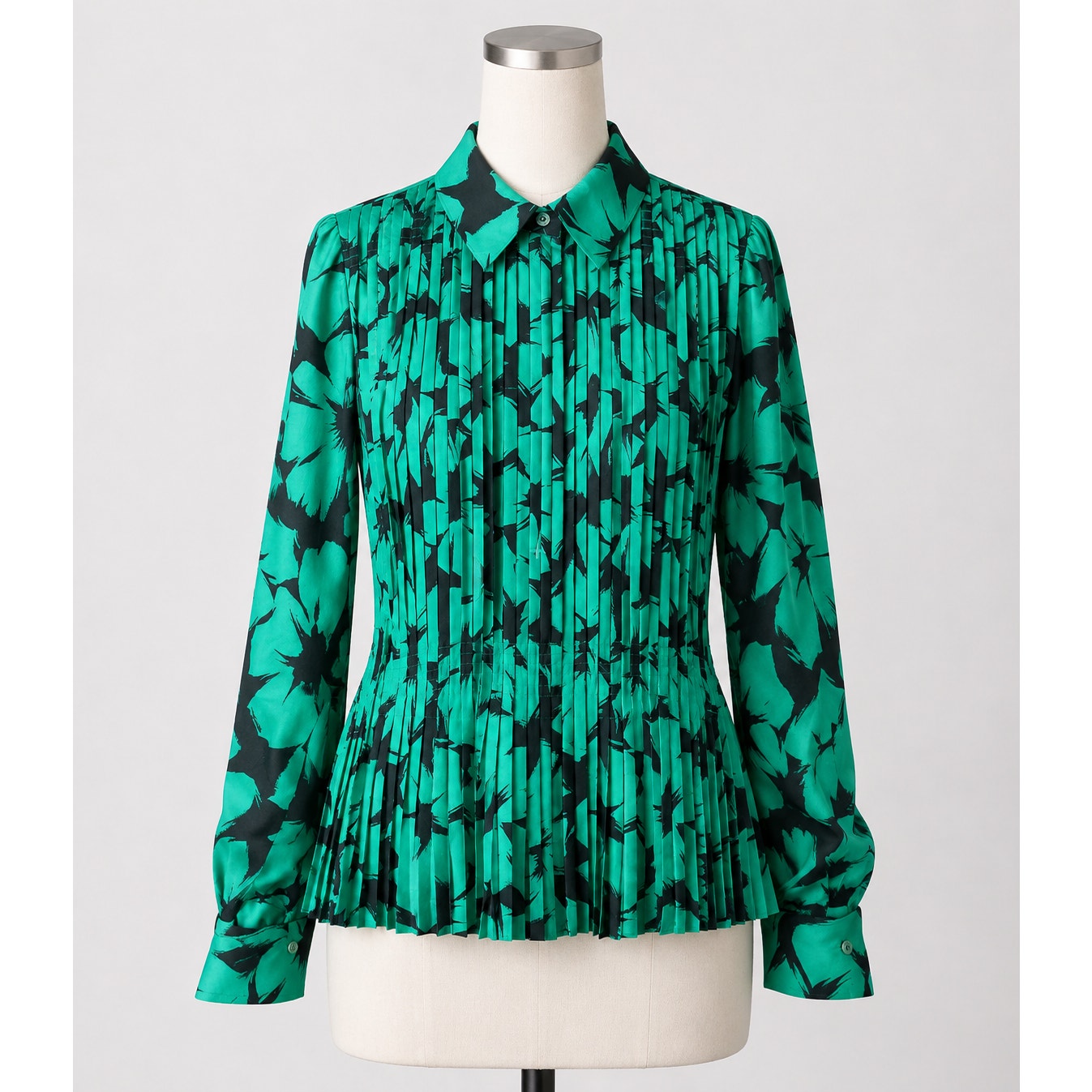 Vintage | Green & Black Blouse Button Down Back Pleated Floral Top Silky