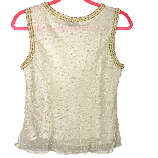 Vintage Silk Beaded Pearls Blouse Tank Top White Gold Sparkle