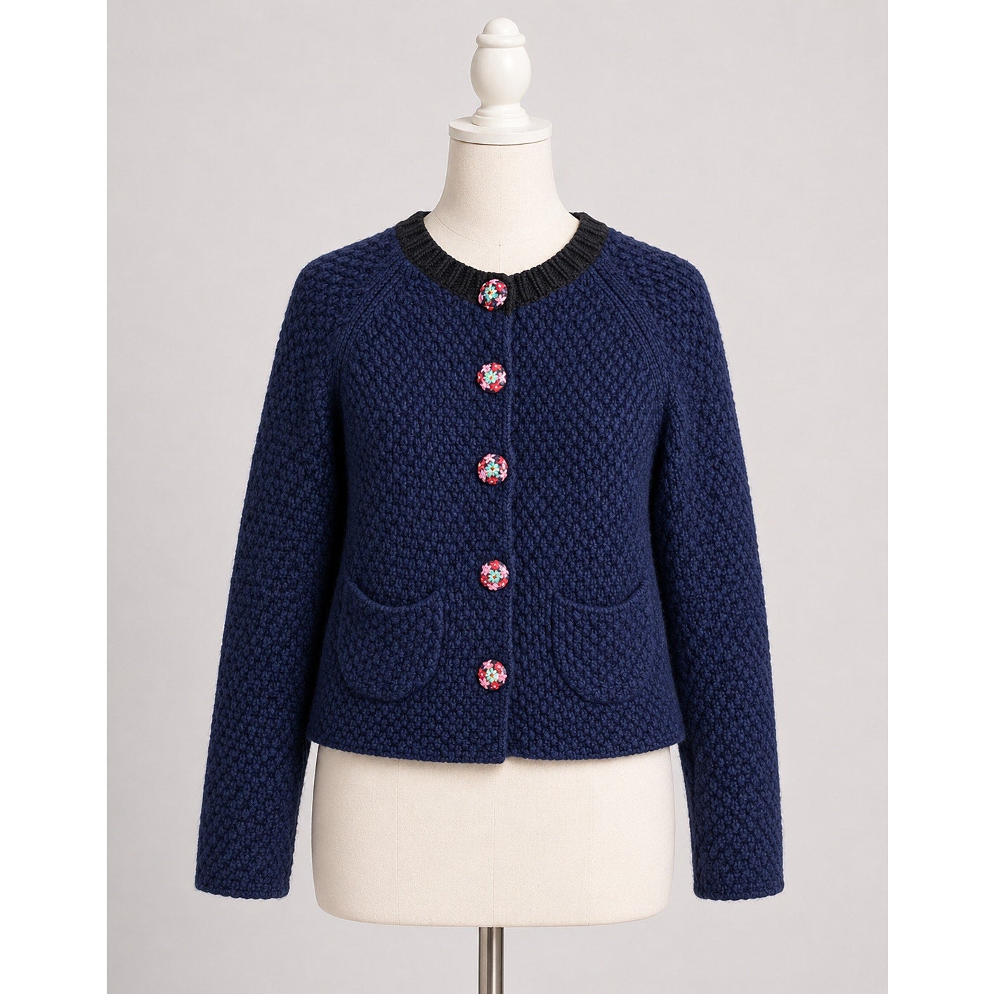 Blue Knit Cardigan Sweater Embroidered Buttons Cotton Wool Blend