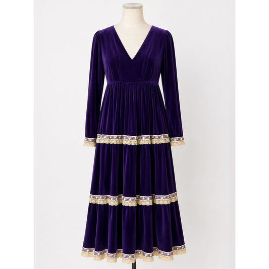 Vintage Purple Velvet Maxi Dress with Lace Trim 1960s/1970s Boho Cottagecore
