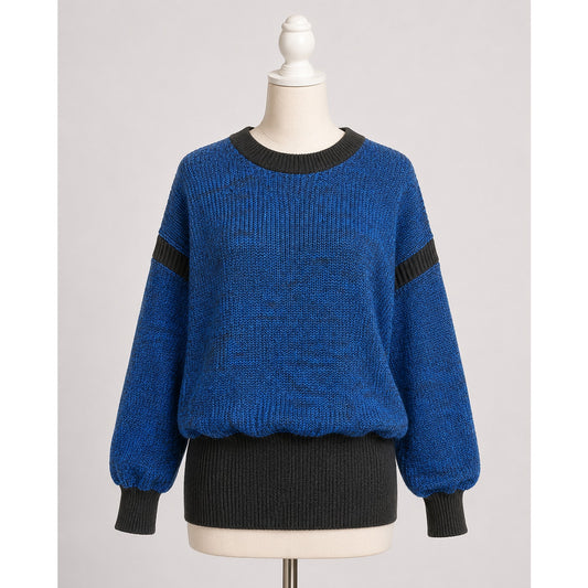 Vintage Blue & Black Knit Sweater 1980s Geometric Chunky
