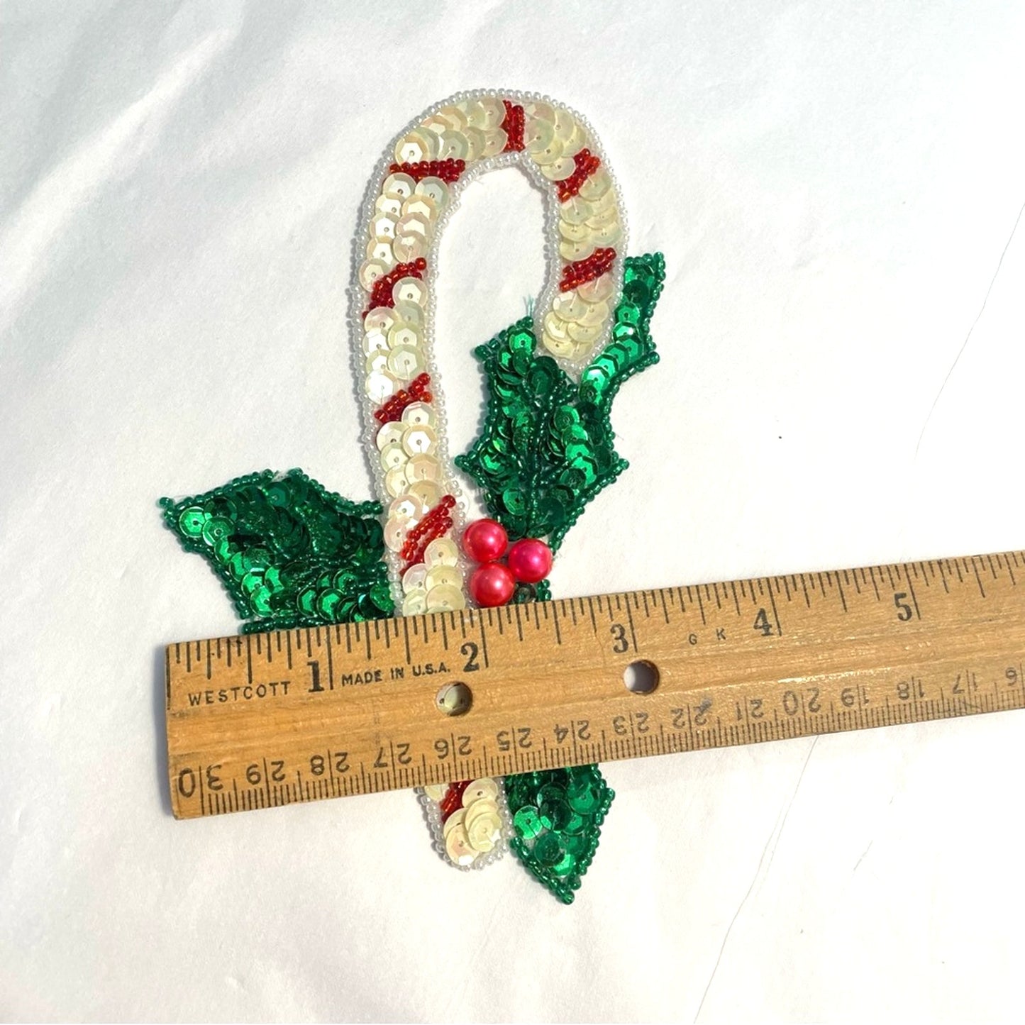 Festive Candy Cane Patch Embellishment with Green Leaves Sequins Christmas