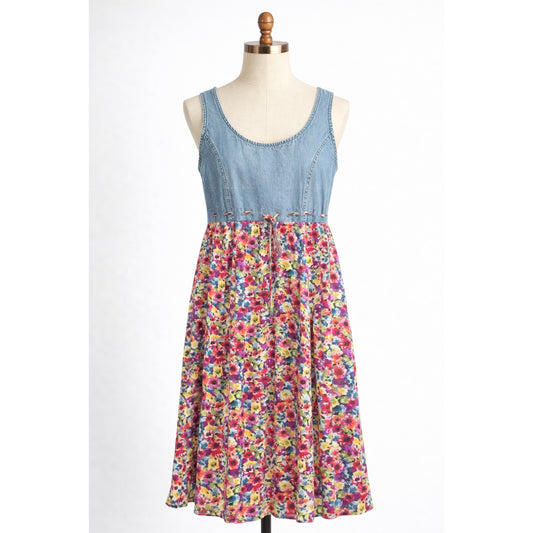 Vintage Floral Flowing and Denim Dress Tie Waist 1990s