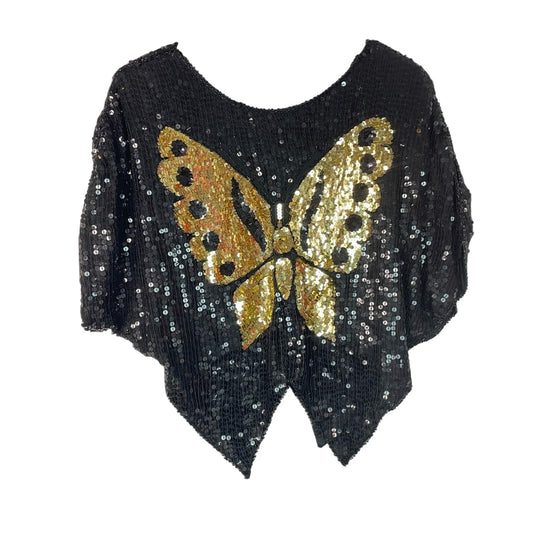 Sequin Butterfly Top Beaded Vintage 70/80s Glam Sparkle Silk