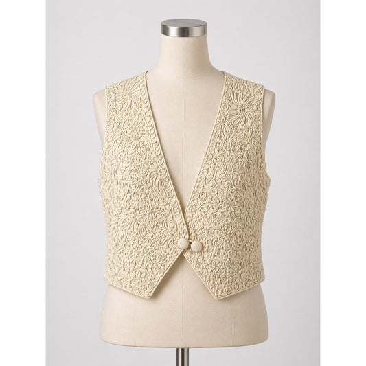 Vintage Cream Vest Ribbon Squiggle Floral Pattern M