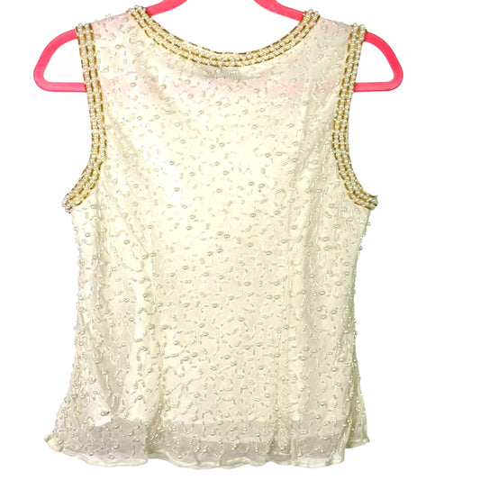 Vintage Silk Beaded Pearls Blouse Tank Top White Gold Sparkle
