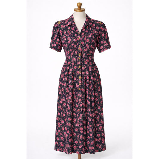 Vintage Pink Rose Print Shirt Dress Black Gold Buttons 8
