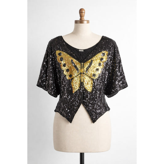 Sequin Butterfly Top Beaded Vintage 70/80s Glam Sparkle Silk