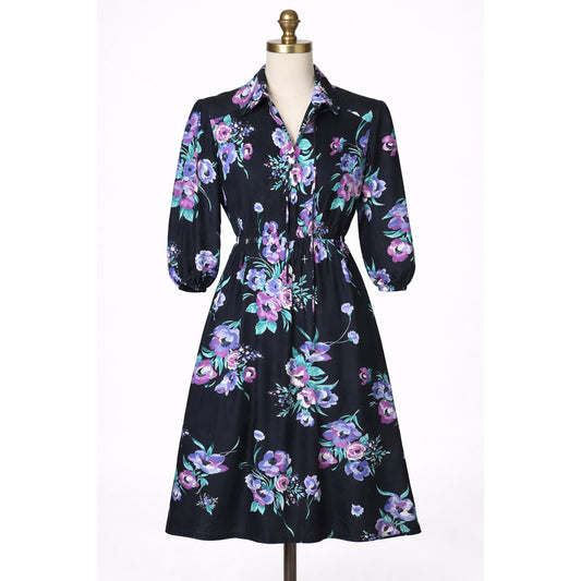 Vintage Floral Dress 1970s California Black Purple Small