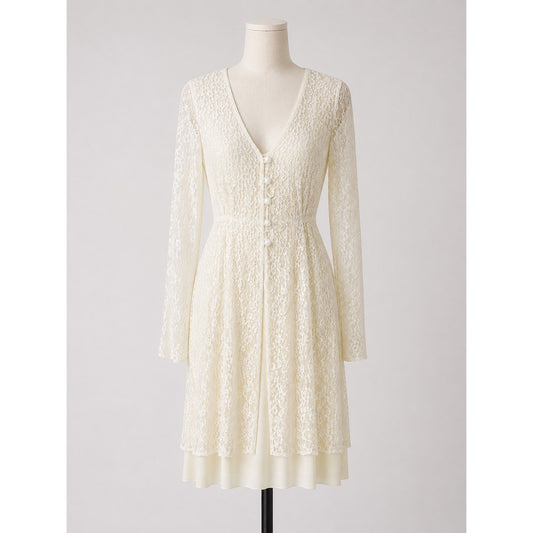 Vintage Cream Lace V-Neck Long Sleeve Dress 90s Friends Stevie Nicks Whimsygoth