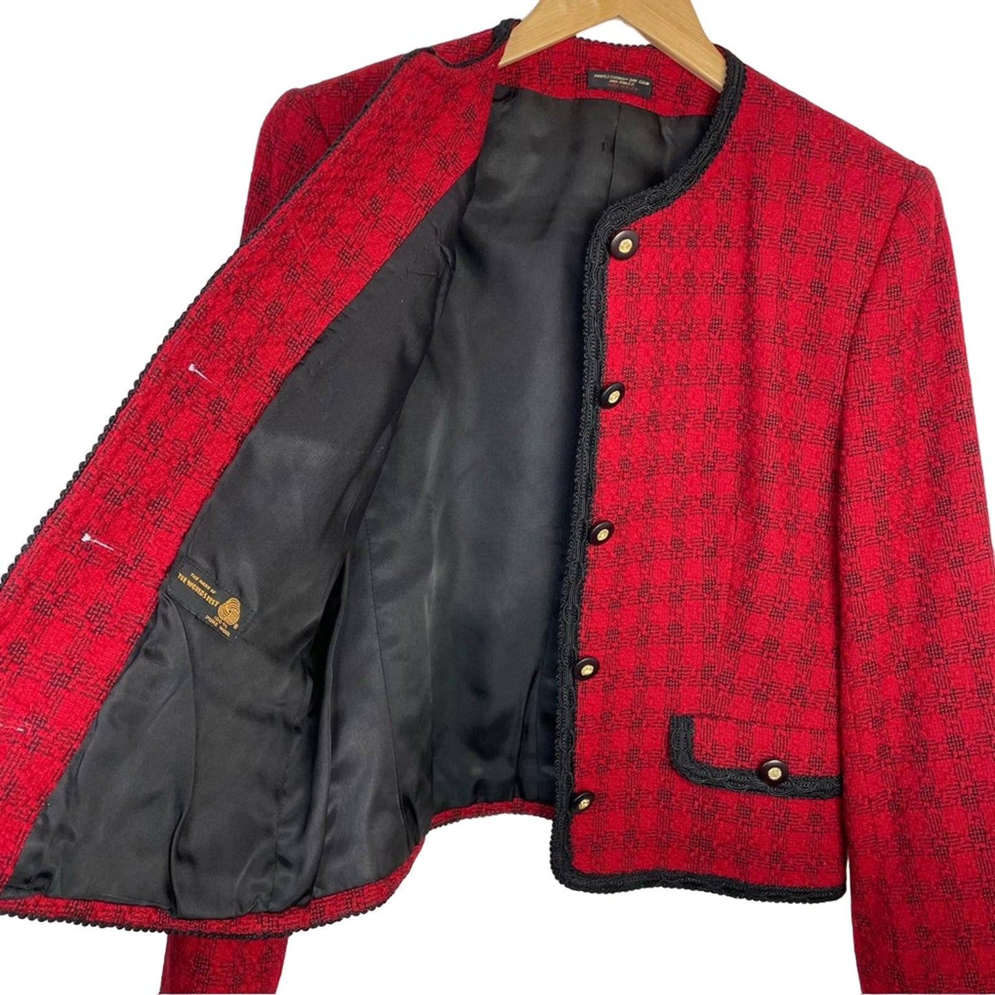 Vintage Red Wool Blazer Black Accents Gold Buttons