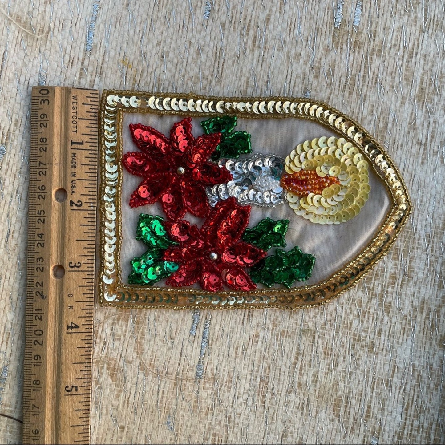 Vintage Christmas Embellishment Sequin Patch Candle Poinsetta