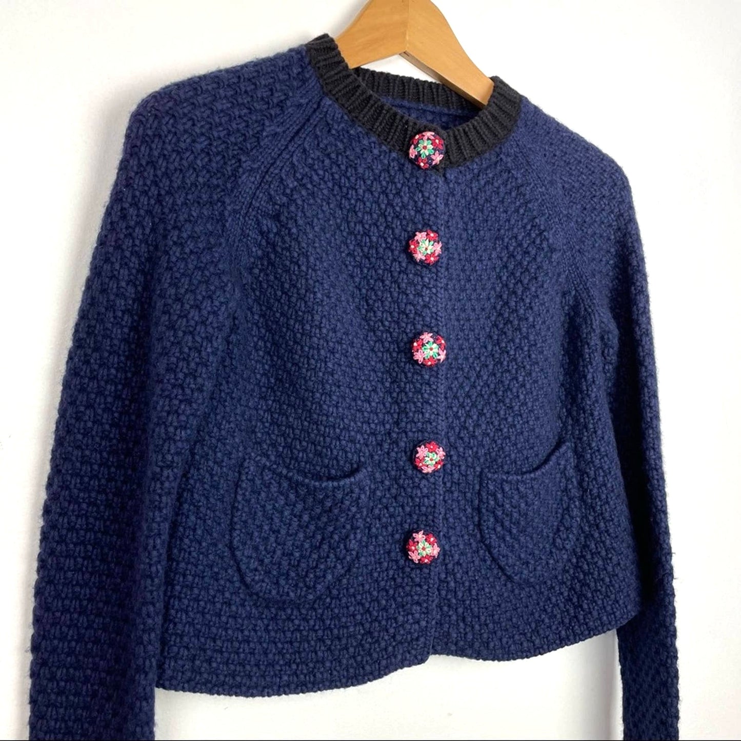 Blue Knit Cardigan Sweater Embroidered Buttons Cotton Wool Blend