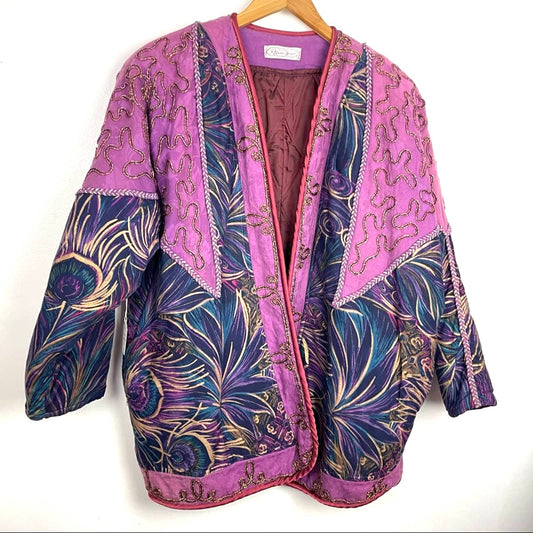 Vintage | Purple Jacket Peacock Print Boho Ribbon XL