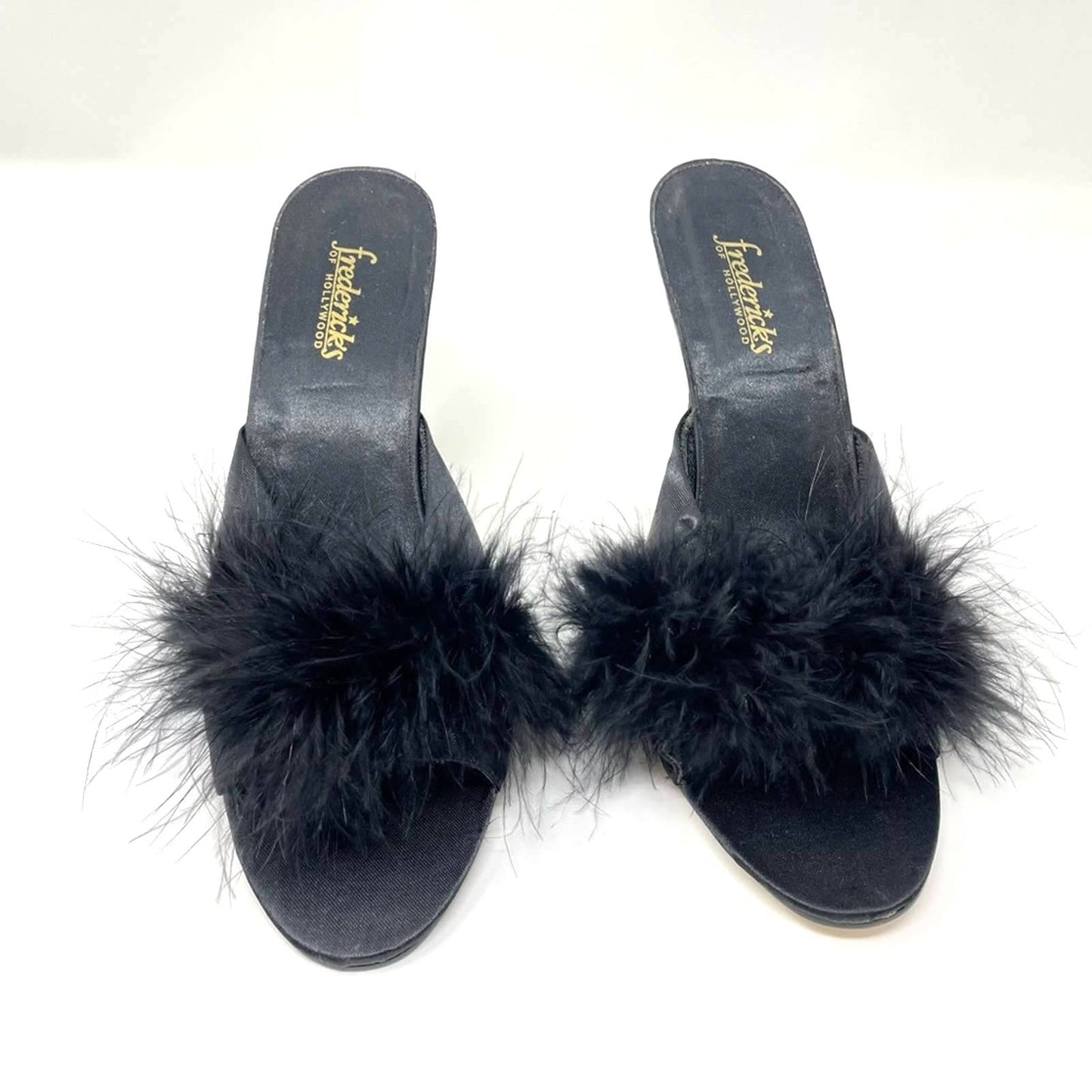 Vintage Frederick’s of Hollywood Black Marabou Heels Sandals Feathers 9
