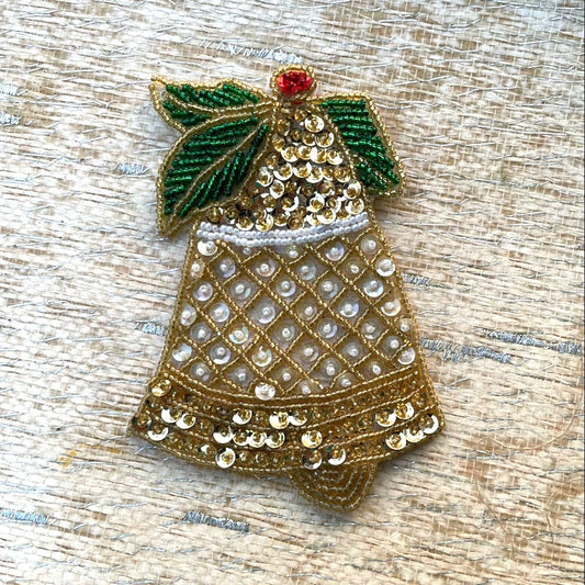 Vintage Christmas Bell Patch Embellishment Sequin Beaded Pin Holiday