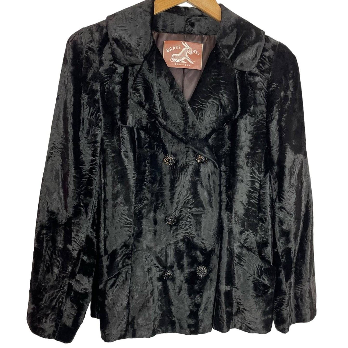 Vintage Black Faux Fur Jacket Rhinestone Buttons Borella Fur