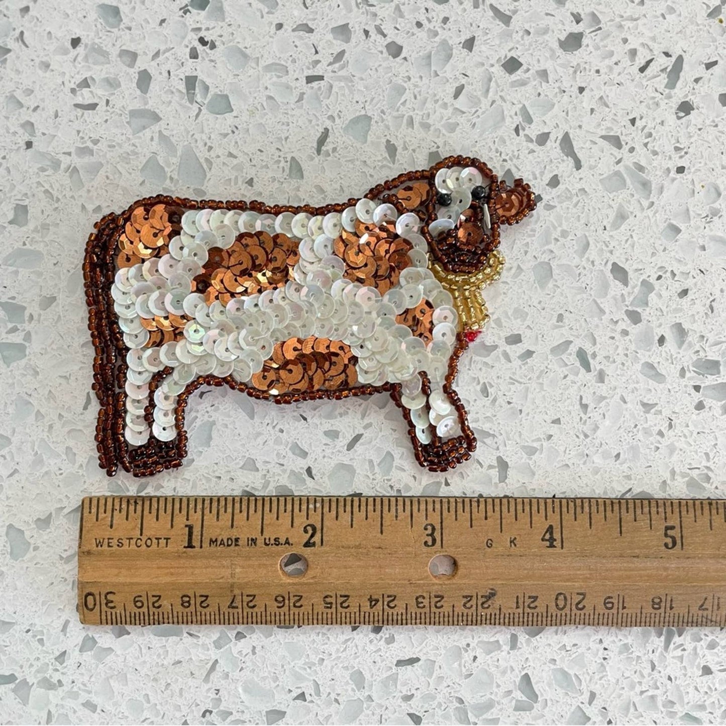 Vintage Brown Cow Pin Sequin Beaded Patch