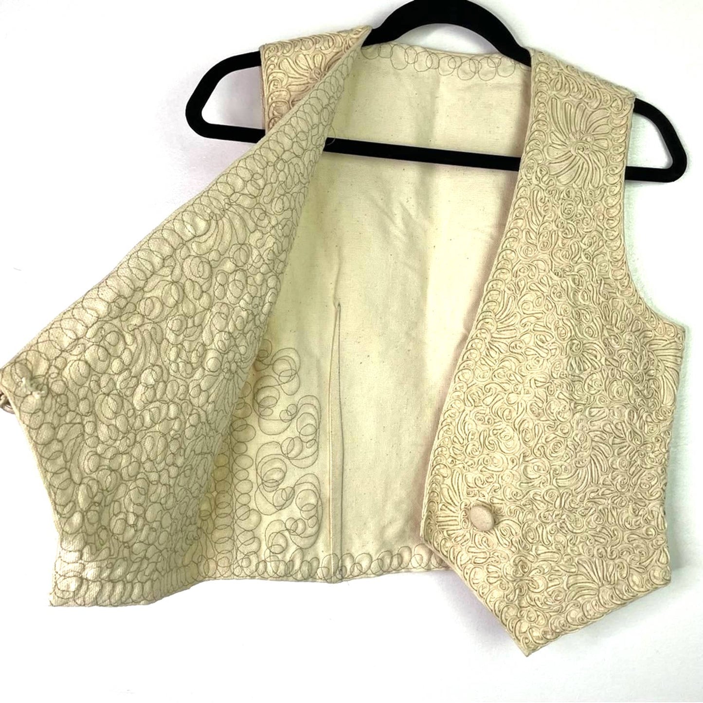 Vintage Cream Vest Ribbon Squiggle Floral Pattern M