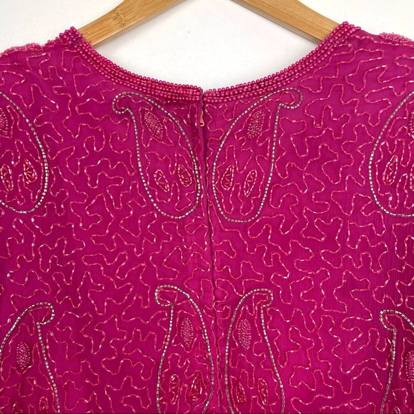 Vintage 100% Silk Hot Pink Beaded Top Blouse 1980s
