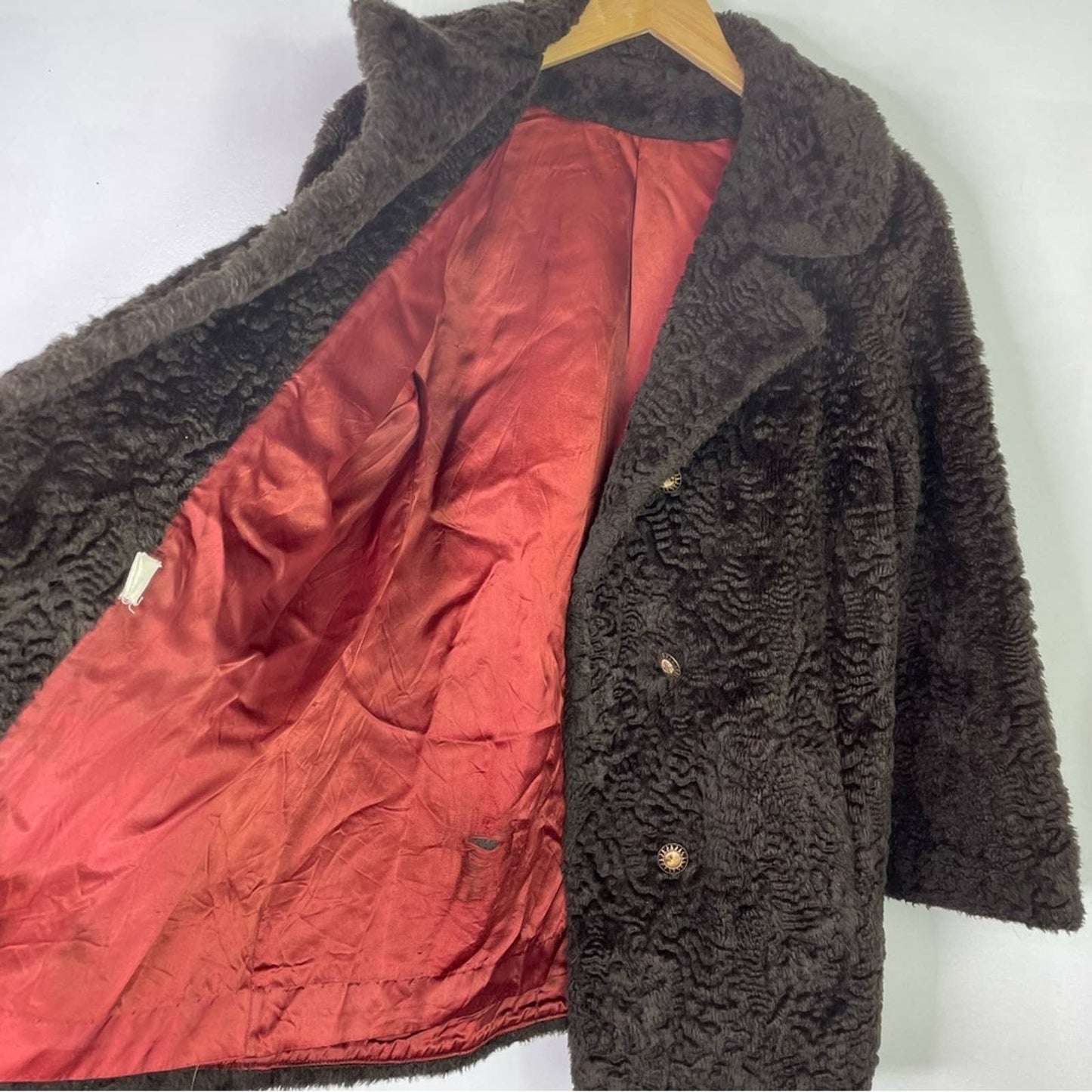 Vintage Faux Fur Coat Brown Sun Buttons 1960s