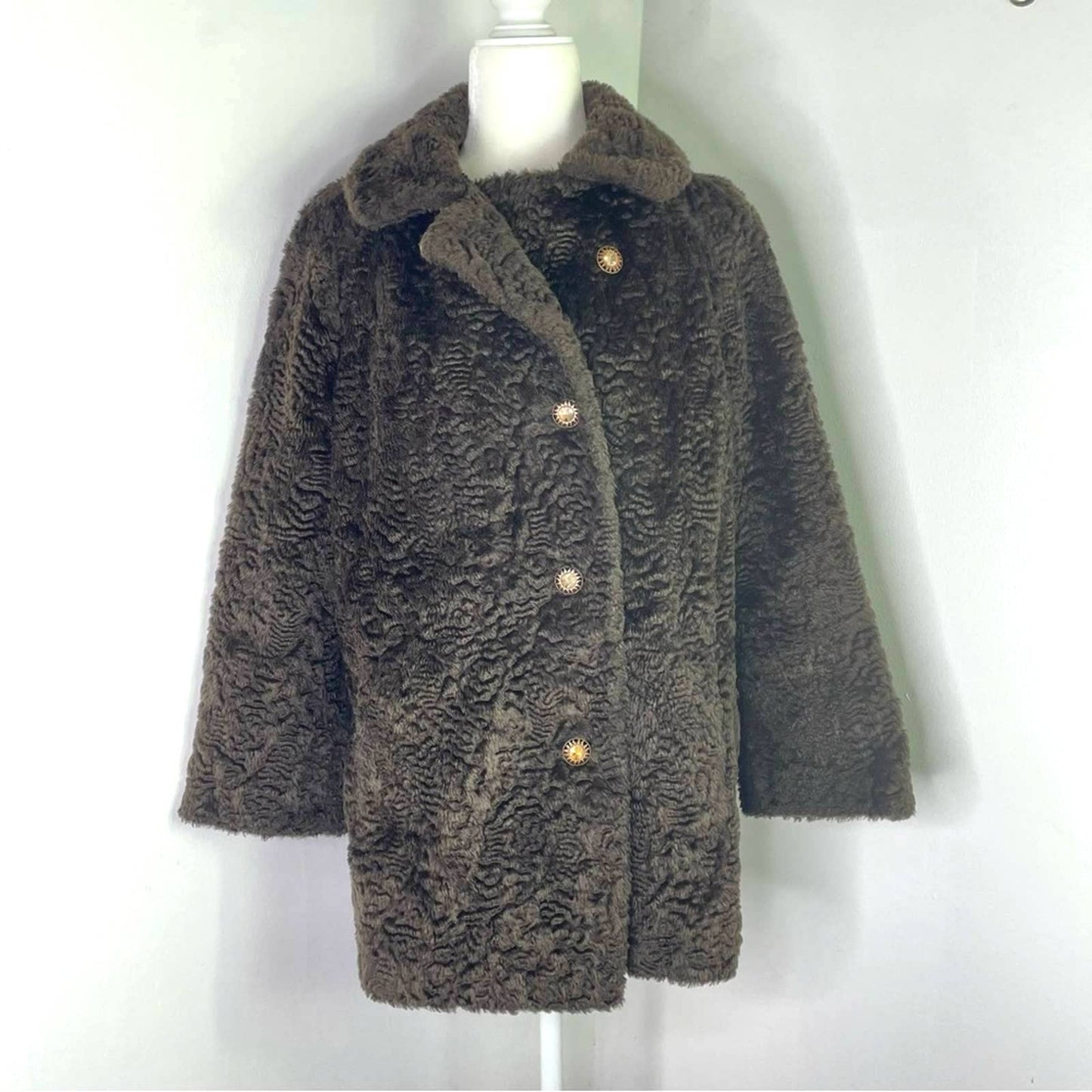 Vintage Faux Fur Coat Brown Sun Buttons 1960s