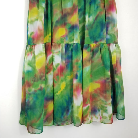 Vintage Watercolor Maxi Skirt | Tiered Green Pink Tie Dye Boho Festival Skirt Size 2