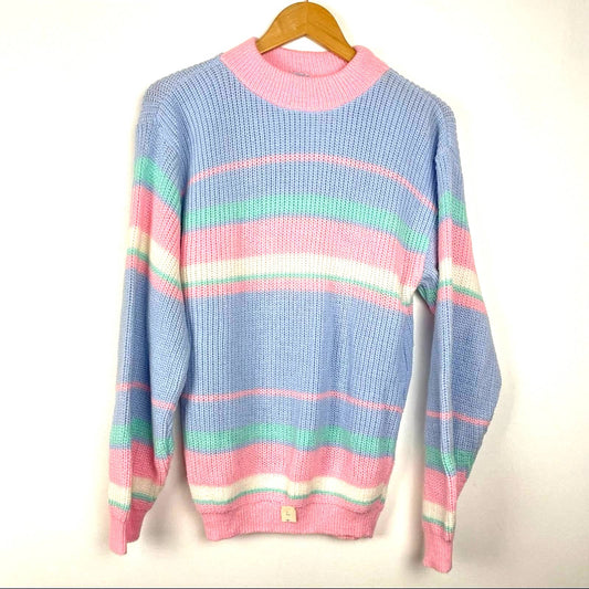Vintage Bright Knit Sweater Crew Neck Blue Pink Pastels 80s