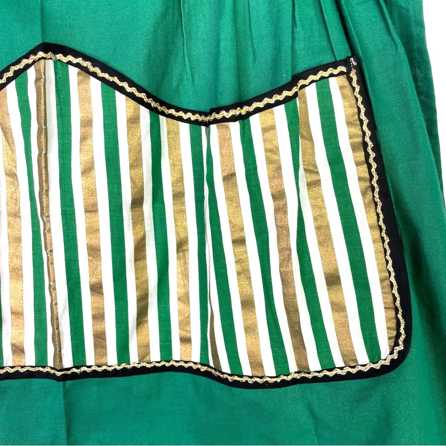 Vintage Green Apron Front Pocket Gold Stripes