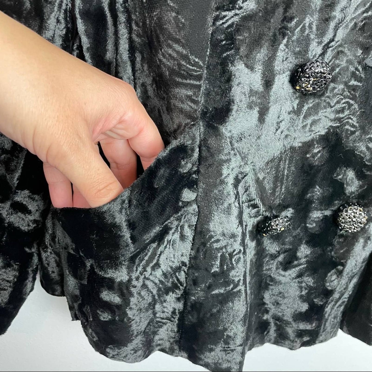 Vintage Black Faux Fur Jacket Rhinestone Buttons Borella Fur