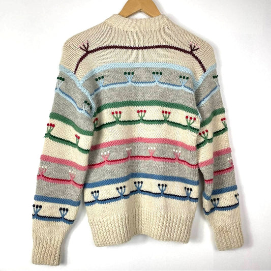 Vintage Alpaca Sweater Handmade Knit Floral Details Gray Beige Pink Blue