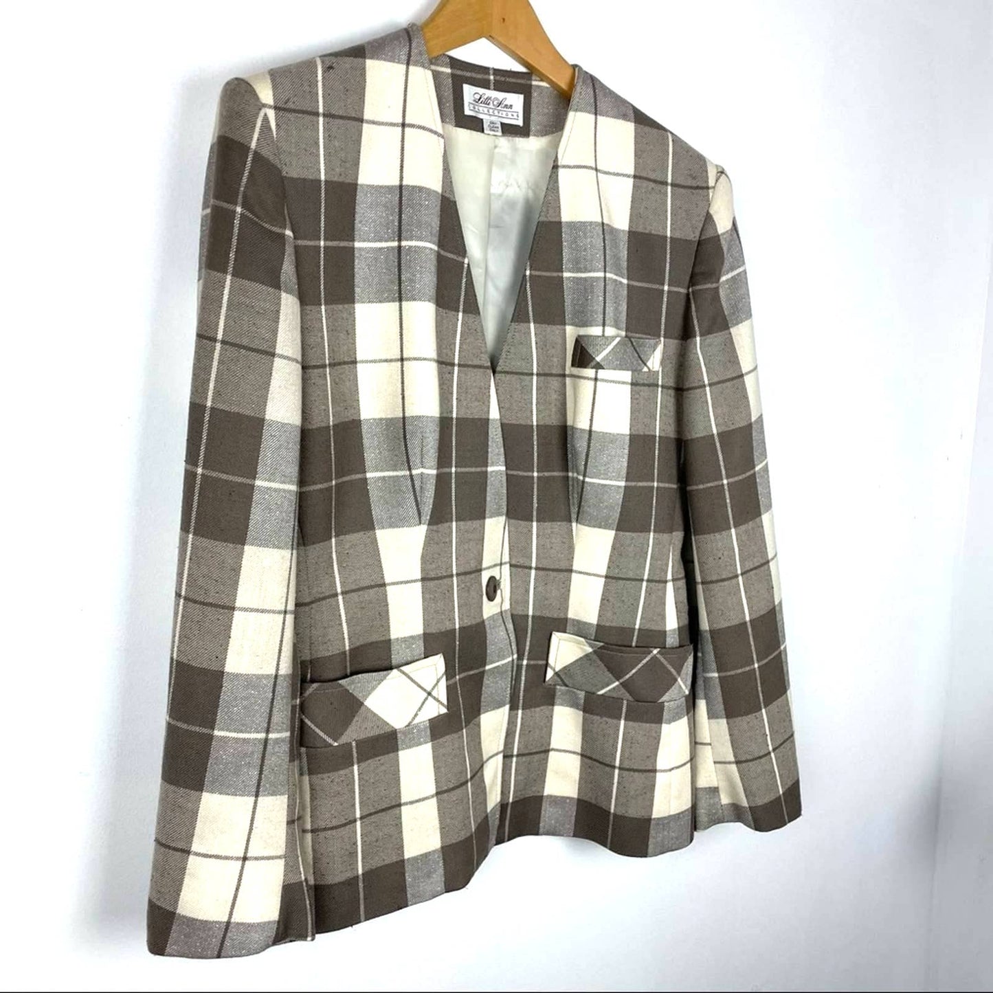 Vintage Lilli Ann Plaid Blazer Gray White Structured 1980s/ 90s Clueless