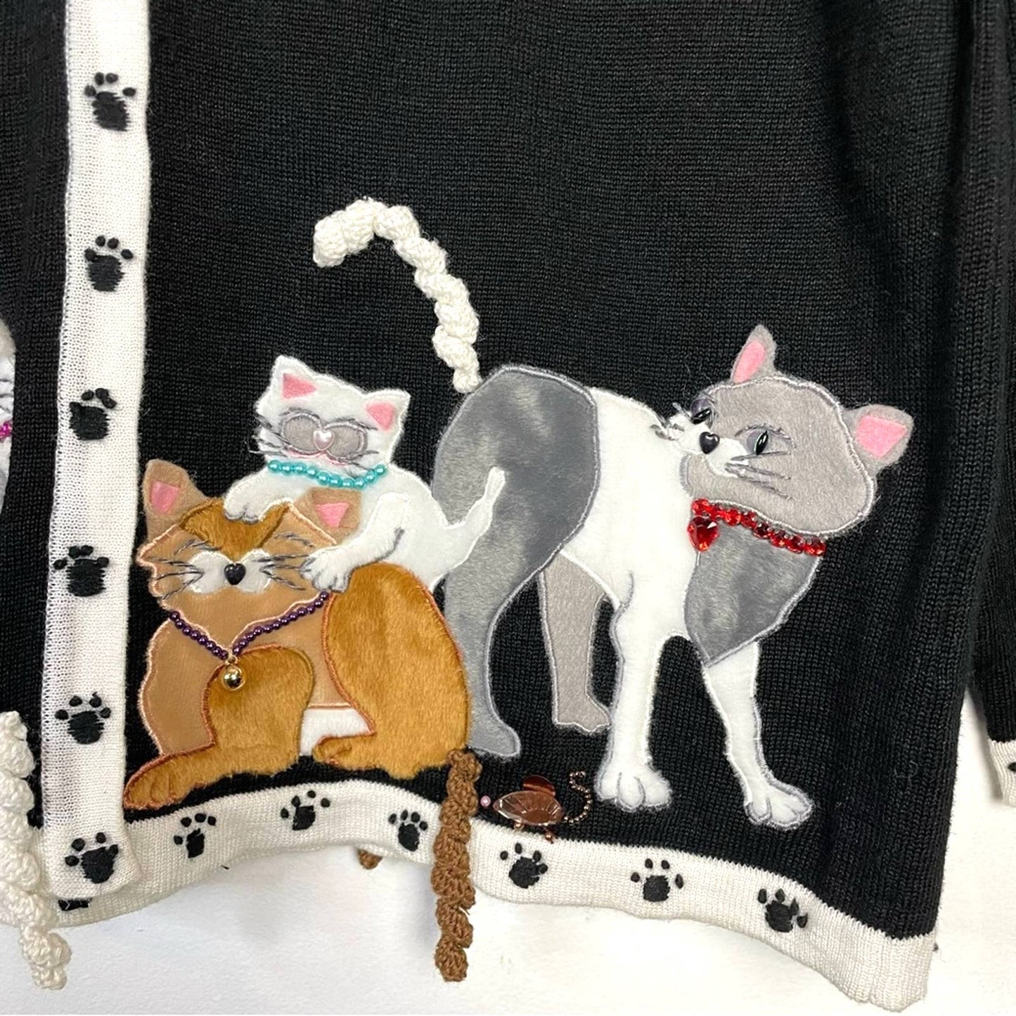 Cat Sweater Novelty 3D Fuzzy Jeweled Black & White Cardigan