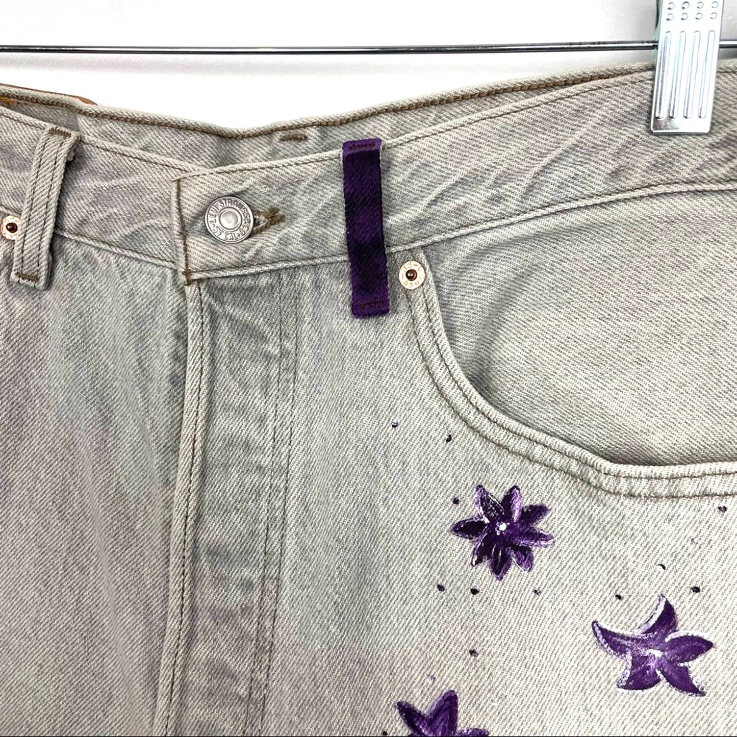 Vintage Levi’s 501 Jeans with Hand Painted Purple Flowers 32 33