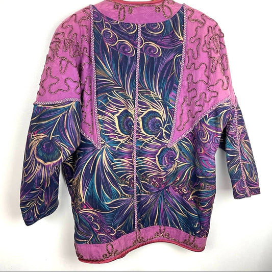 Vintage | Purple Jacket Peacock Print Boho Ribbon XL