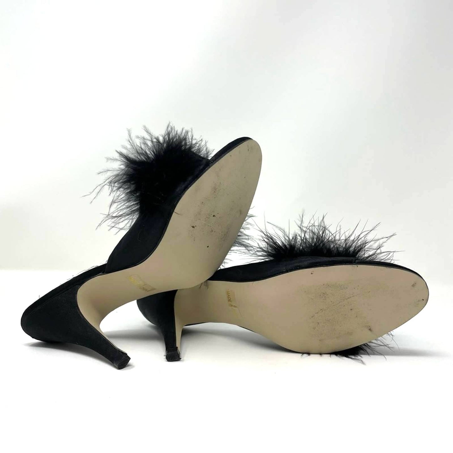 Vintage Frederick’s of Hollywood Black Marabou Heels Sandals Feathers 9