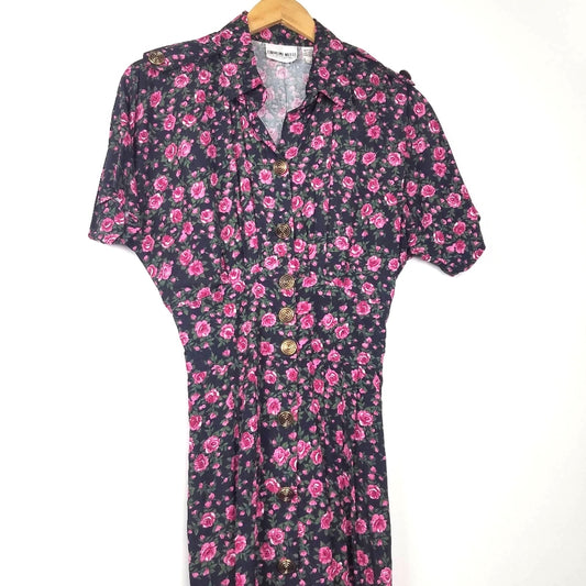 Vintage Pink Rose Print Shirt Dress Black Gold Buttons 8