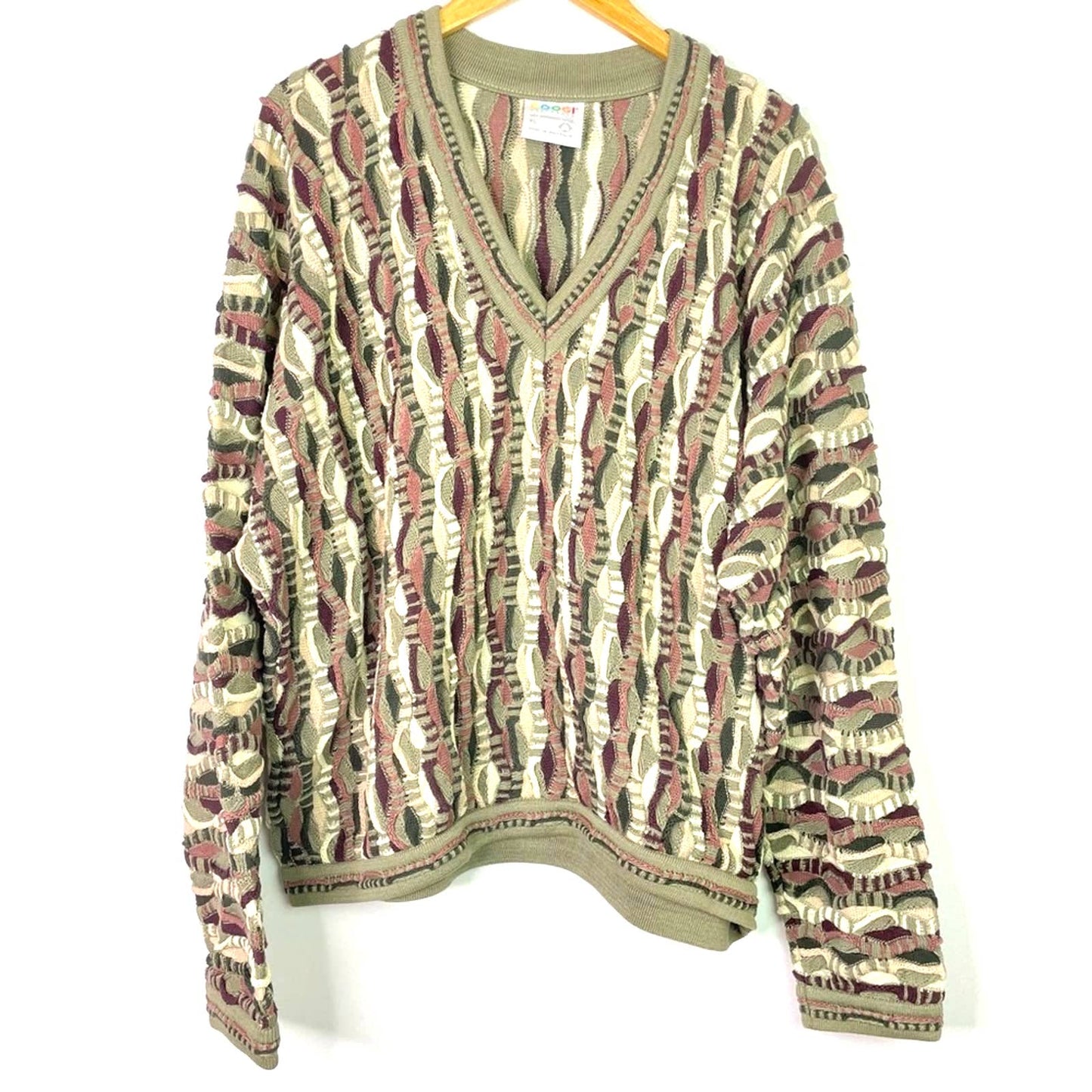 Coogi | Knit Sweater Tan Green Chunky Knit 3 D Pattern XL