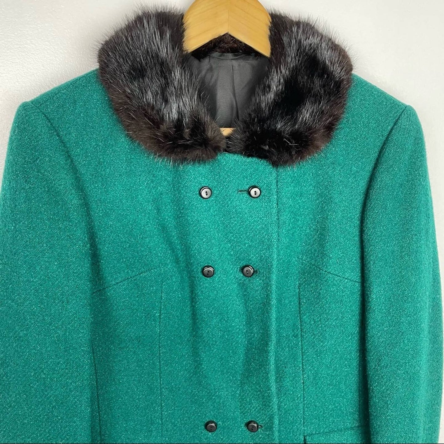 Vintage Green Wool & Real Fur Collar Jacket 1960s