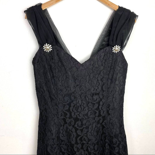 Vintage Black Lace Cocktail Dress Big Bow Pearls Rhinestones